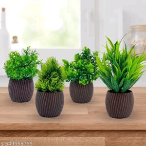 Artificial Potted Plants Set of 4 – Decorative Faux Greenery with Brown Textured Pots for Home & Office Decor